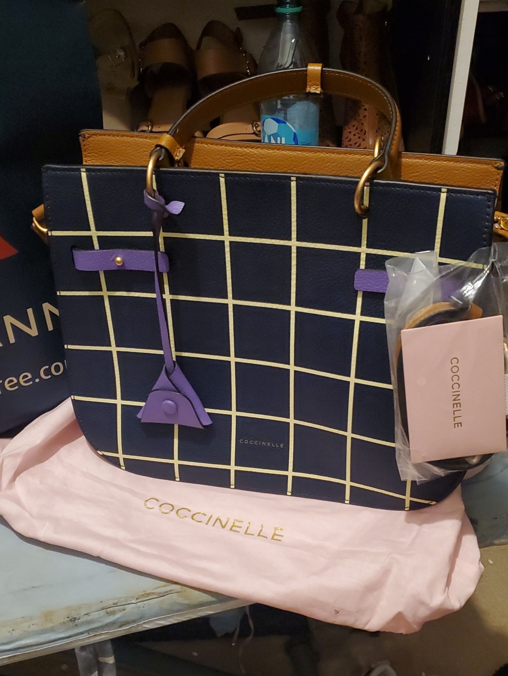 Coccinelle Navy Grid Tote with Purple Accents and Tan Trim